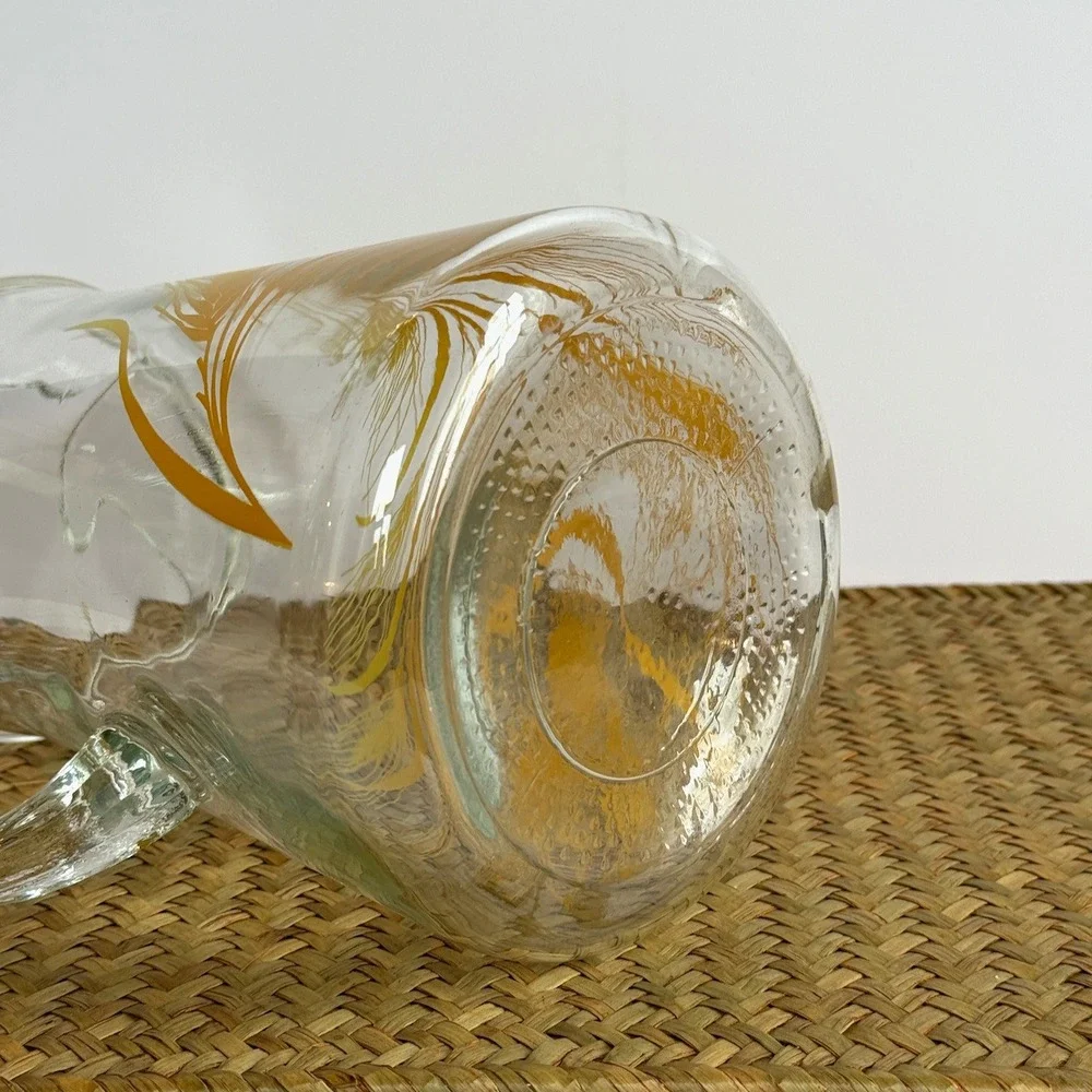 Vintage Mid Century Glass Juice Pitcher‎ Yellow Golden Wheat Pattern Ice Lip